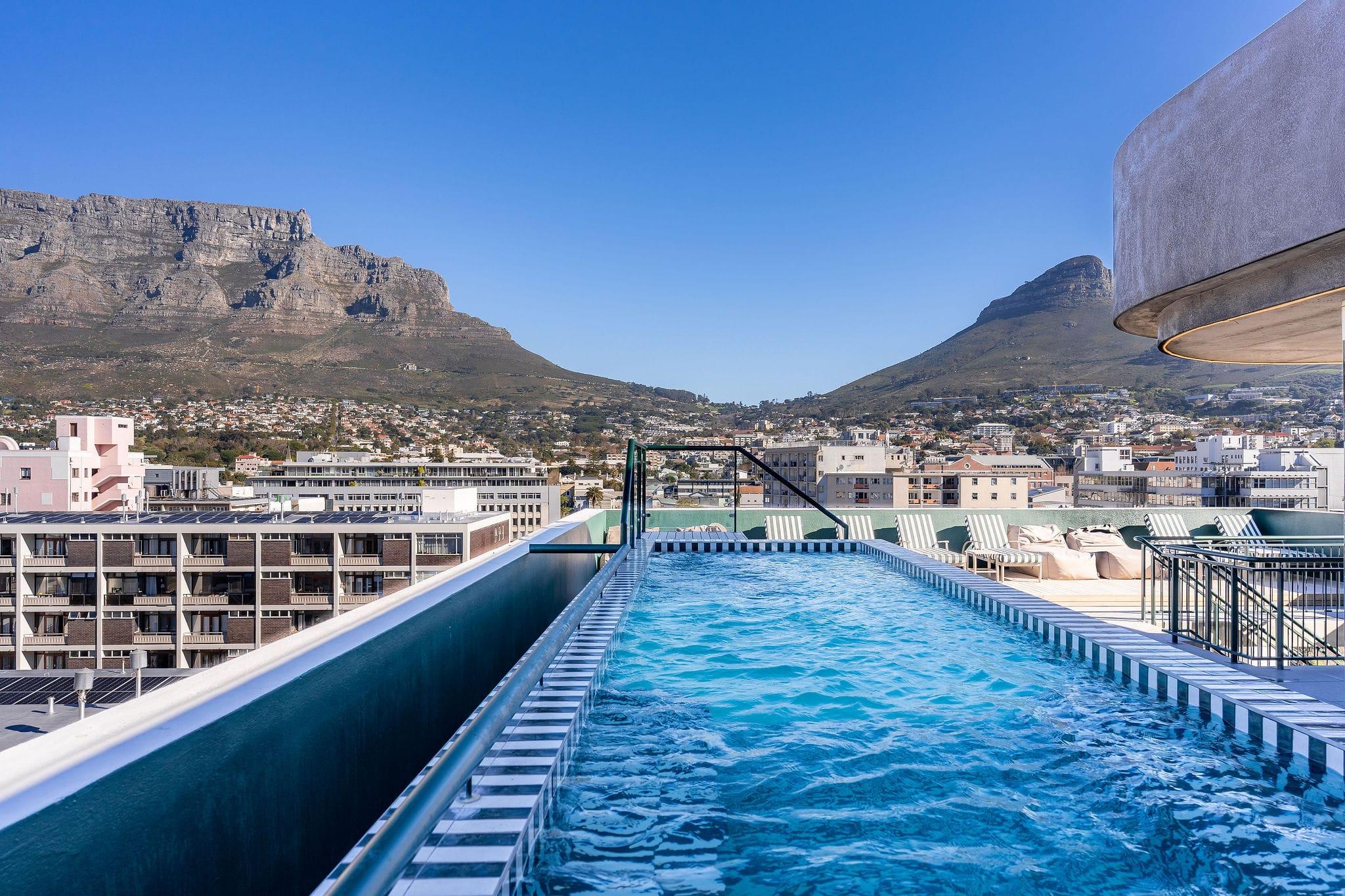 Ten on V rooftop pool deck with Table Mountain and Lion's Head in view