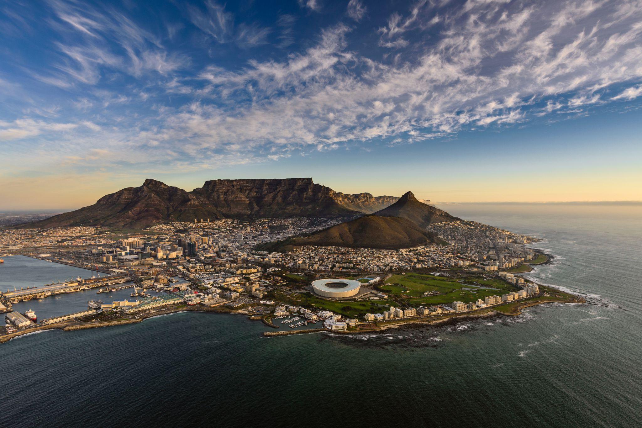 Aerial view of Cape Town's city bowl, V&A Waterfront and Table Mountain, near Mountainview
