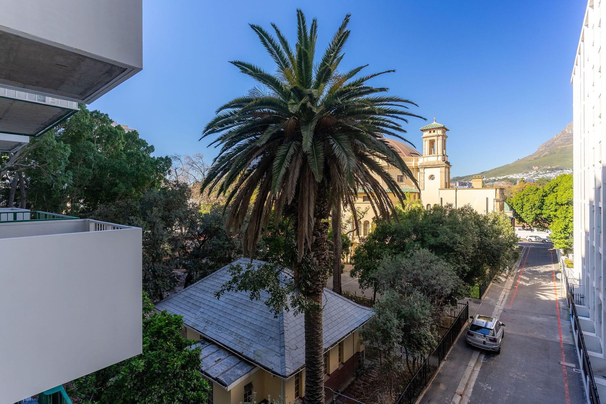Private balcony view at Mountainview of a palm tree and historic church tower
